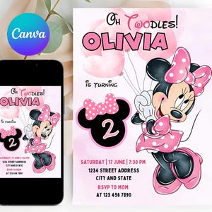 Bewerkbare Minnie Mouse verjaardagsuitnodiging, Twodles Minnie Mouse verjaardag, 2e verjaardag, aquarel roze verjaardagsuitnodiging, meisjes uitnodigingen