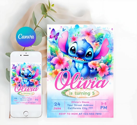 Stitch Birthday Invitation Editable Template, Canva Editable Birthday Invitation, Stitch Birthday Party Invitation, Invite Canva Template