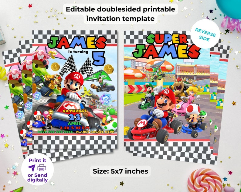 May include: Editable printable invitation template for a Super Mario Kart themed birthday party. The front of the invitation features a cartoon image of Mario driving a kart with other characters from the game. The back of the invitation says "Super James" and features a similar image. The invitation is 5x7 inches.