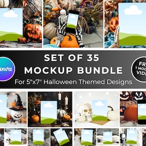 35 bundle di mockup 5x7 a tema Halloween, trascina e rilascia mockup Canva, mockup per biglietti artistici, inviti, articoli di cancelleria, biglietti d'auguri, menu, ricette