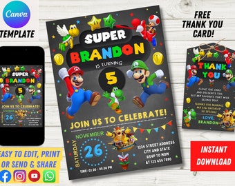 Editable Birthday Invitation Digital, Super Brothers Evite, Editable in Canva Printable Download, Chalkboard Kid Invite, Thank You Card