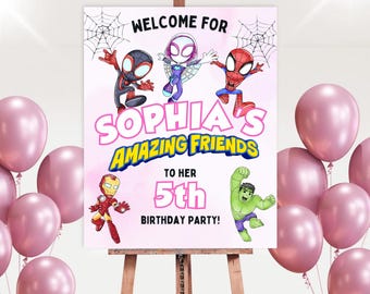 Spidey and Her Amazing Friends Birthday Welcome Sign Template | Editable Printable Party Sign | Canva Digital Download | Girl Birthday Decor