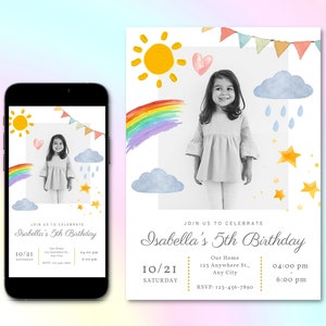 Aquarel Rainbow Birthday Party uitnodiging sjabloon, met foto partij uitnodigen, sterren zon partij nodigt, digitale E-uitnodiging, Canva sjabloon