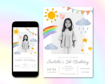 Watercolor Rainbow Birthday Party Invitation Template, With Photo Party Invite, Stars Sun Party Invites, Digital E-Invite, Canva Template