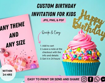 Custom Personalized Birthday Invitation, Custom E-INVITATION, Custom text Invitation, Design your own, Digital File