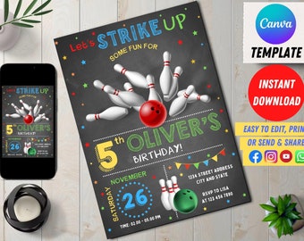 Editable Bowling Birthday Invitation Canva Template, Bowling Digital Evite, Chalkboard Party Invite, Let's Strike Up Some Fun Pins Invite