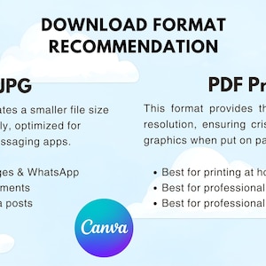 Peut inclure: Graphique num&eacute;rique recommandant des formats de t&eacute;l&eacute;chargement, avec les options "JPG" et "PDF Print". Le JPG est optimis&eacute; pour les &eacute;crans et les applications de messagerie, tandis que PDF Print offre une haute r&eacute;solution pour l'impression.