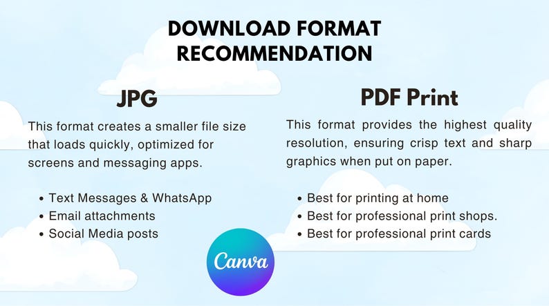 Peut inclure: Graphique num&eacute;rique recommandant des formats de t&eacute;l&eacute;chargement, avec les options "JPG" et "PDF Print". Le JPG est optimis&eacute; pour les &eacute;crans et les applications de messagerie, tandis que PDF Print offre une haute r&eacute;solution pour l'impression.