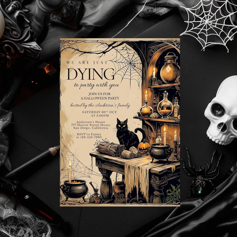May include: Halloween party invitation with a spooky theme. The invitation features a black cat, candles, and potion bottles. Text on the invitation reads "WE ARE JUST DYING to party with you" and includes party details.
