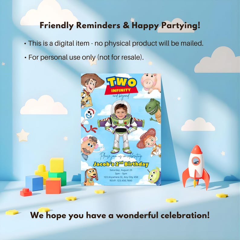 Peut inclure: Une invitation d'anniversaire num&eacute;rique avec un enfant d&eacute;guis&eacute; en Buzz l'&Eacute;clair de Toy Story. L'invitation comprend le texte "TWO INFINITY and beyond" et "Jacob's 2nd Birthday". Le fond est bleu clair avec des nuages et des &eacute;toiles.