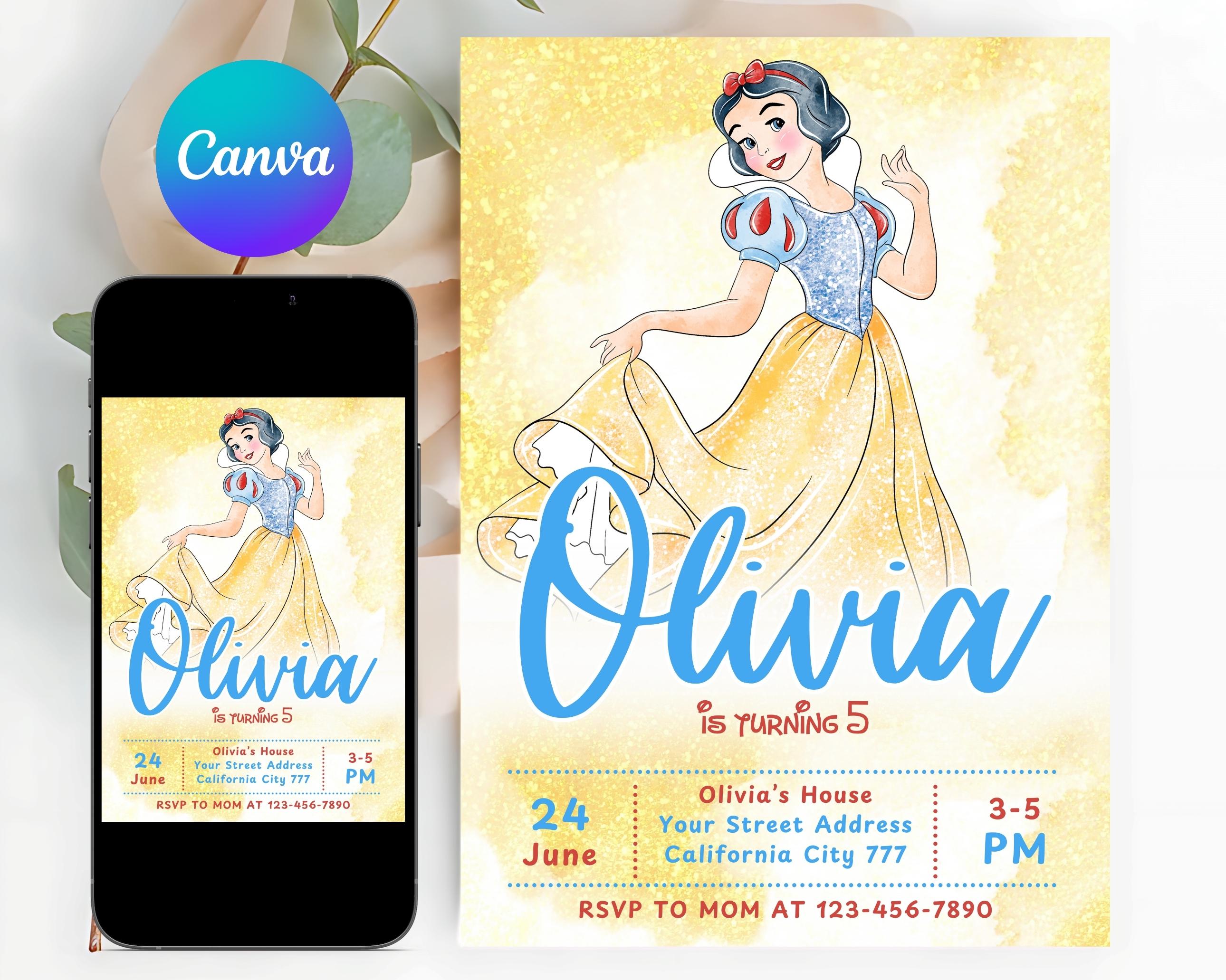 Watercolor Snow White Birthday Invitation, Princess Birthday Party Invite, Editable Template, Seven Dwarfs, Printable Download, Canva