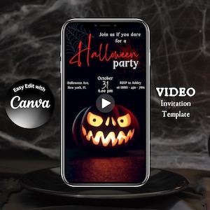 Editable Halloween Party Invitation Video Template, Halloween Pumpkin Animated Mobile Invite, Text Invite, Halloween E-Invite, Digital Canva