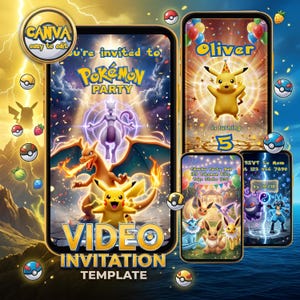 May include: A digital video invitation template for a Pokemon party featuring Pikachu, Charizard, and Mewtwo. The design includes text such as You're invited to Pokemon Party, Oliver is turning 5, and RSVP to Mom 123 456 7890. Various Pokemon characters and Poke Balls are displayed across multiple smartphone screens.