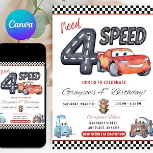 以下が含まれることがあります： 赤いレーシングカーと「Need Speed 4」の文字が入った誕生日パーティーの招待状。招待状には、Graysonの4歳の誕生日、市松模様のボーダー、車のイラストの詳細が含まれています。