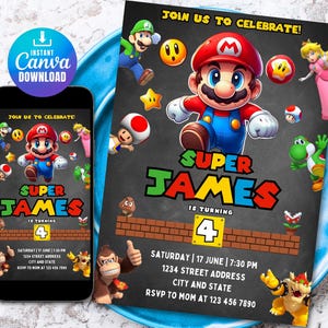 Super Mario Geburtstagseinladung | Super Mario Einladung | Geburtstagseinladung | Bearbeitbare druckbare Mario Einladung Geburtstagsvorlage