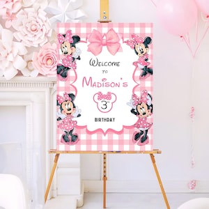 Aquarell Minnie Maus Geburtstag Willkommensschild Vorlage | Bearbeitbares druckbares Party Schild | Canva Digitaler Download | Mädchen-Geburtstags-Dekoration