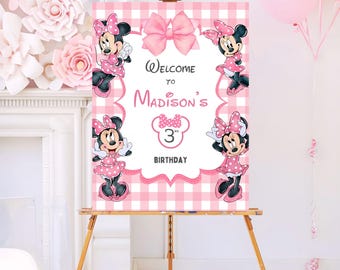 Watercolor Minnie Mouse Birthday Welcome Sign Template | Editable Printable Party Sign | Canva Digital Download | Girl Birthday Decoration