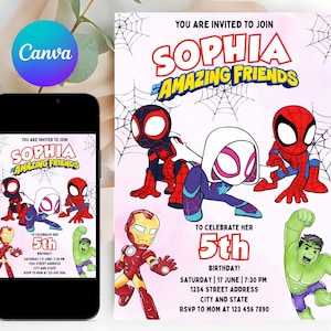 Watercolor Spidey and HER Amazing Friends Birthday Party Invitation, Superhero Girl Invite, Editable Template, Mobile Invites, Printable