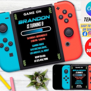 Convite de aniversário de videogame, cartão de convite, cartão de convite de videogame, convite de aniversário de videogame, impressão de videogame, Canva editável