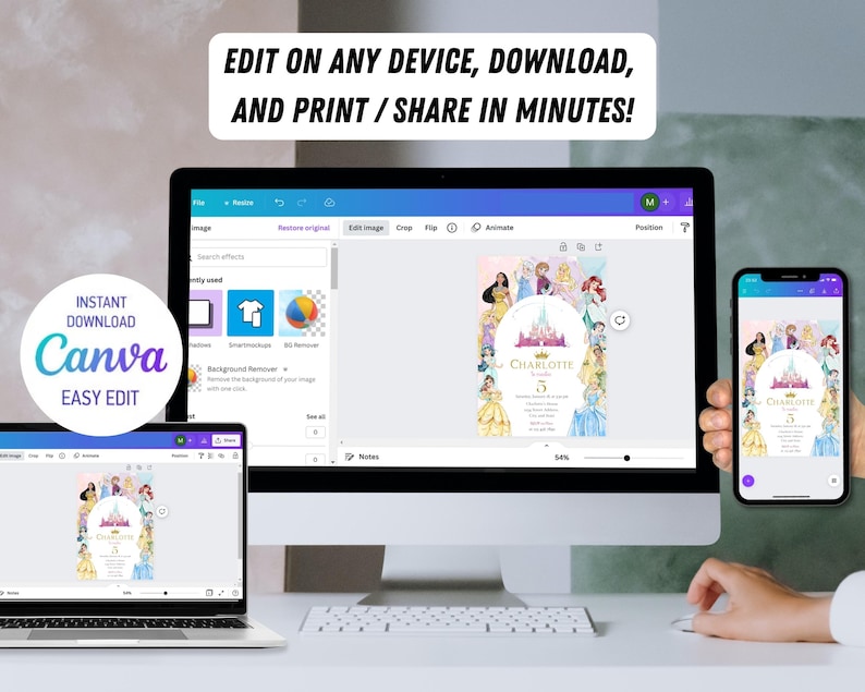 Puede incluir: Una invitaci&oacute;n digital con tem&aacute;tica de princesas con un castillo y varias princesas. La invitaci&oacute;n es personalizable y se puede editar en cualquier dispositivo. El texto de la invitaci&oacute;n dice "Charlotte's 5th Birthday".