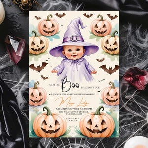 A Little Boo is Almost Due Baby Shower Invite, Editable Watercolor Halloween Template, Cute Ghost Digital Download, Little Boo Invitation