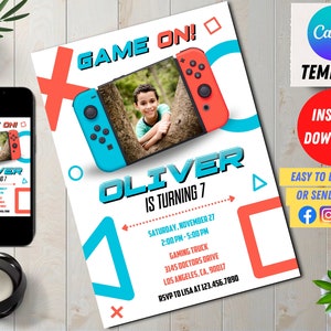 Videospiel-Geburtstagseinladung mit Foto, Einladungskarte, Videospiel-Einladungskarte, Videospiel-Geburtstagseinladung, druckbar, bearbeitbar Canva
