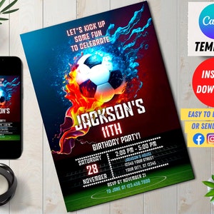 Editable Soccer Birthday Invitation Digital, Soccer Party Invite, Football Birthday Evite, Editable Canva Template, Let's Kick Up Some Fun image 2