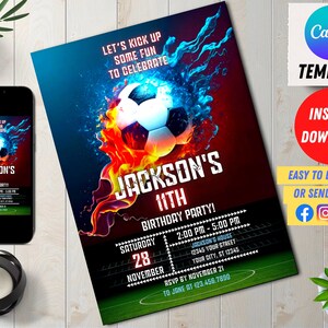 May include: A football-themed birthday party invitation featuring a fiery football and the text "Jackson's 11th Birthday Party!" The invitation includes the date, time, and location of the party, as well as an RSVP deadline.
