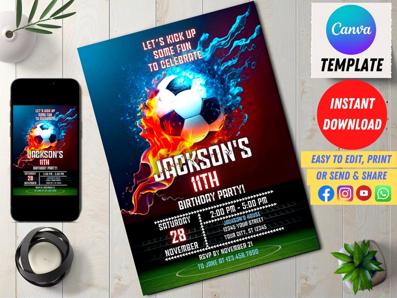 May include: A football-themed birthday party invitation featuring a fiery football and the text "Jackson's 11th Birthday Party!" The invitation includes the date, time, and location of the party, as well as an RSVP deadline.