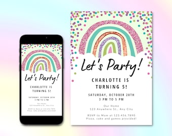 Rainbow Glitter Birthday Party Invitation Template, Colorful Glitter Invite, Girl Party Invites, Digital E-Invite, Editable Canva Template