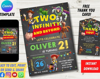 Two Infinity and Beyond Birthday Invitation | 2nd Birthday Toy Kids Birthday Party Invite | Digital Canva Template | Toys | Editable Canva