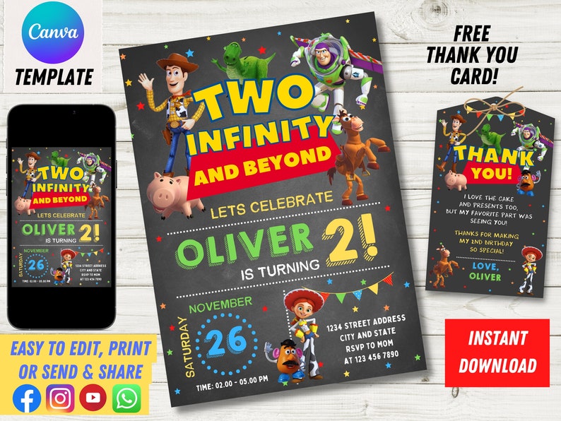 Two Infinity and Beyond Birthday Invitation 2nd Birthday Toy Kids Birthday Party Invite Digital Canva Template Toys Editable Canva image 1