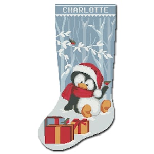 Stamped Cross Stitch Kit For Adults, Personalized Christmas Stocking, Cute Penguin Easy Simple Design For Beginners, Holiday Home Decor DIY