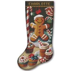May include: Christmas stocking with a gingerbread man, cupcakes, and candy cane designs. The stocking has the name "CHARLOTTE" at the top. The background is dark green with pixelated holiday graphics.