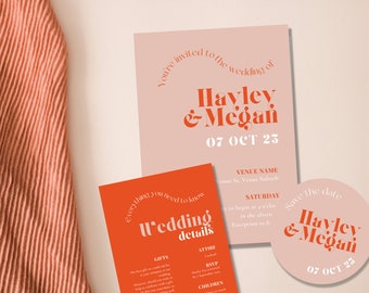 Bold Wavy Wedding Invitation Template | Red and Pink Wedding Invitation | Bright colored wedding invite | Wedding Template | Canva Template