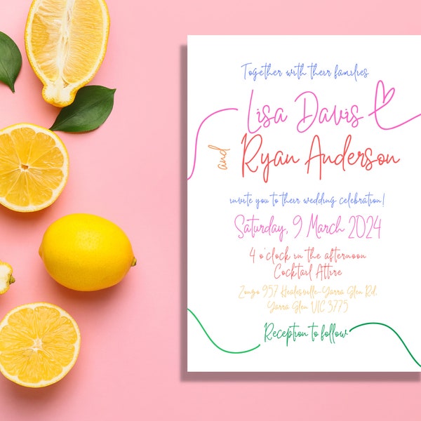 Modèle d'invitation de mariage artistique | Faire-part de mariage cursif | Faire-part de mariage aux couleurs vives | Modèle de mariage | Modèle de toile