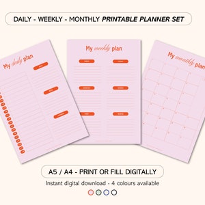 Daily Planner, Weekly Planner, Monthly Planner, Printable Planner Bundle, A5, A4 Digital Planner, Pink Digital Download Planner Set