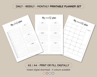 Tagesplaner, Wochenplaner, Monatsplaner, druckbarer Planer-Bundle, A5, A4 Digitaler Planer, Minimalistischer Digitaler Download Planner Set