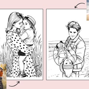 Puede incluir: Ilustraci&oacute;n en blanco y negro de l&iacute;nea de una madre y un ni&ntilde;o abraz&aacute;ndose. La madre lleva un vestido de lunares y el ni&ntilde;o lleva un sombrero. La ilustraci&oacute;n est&aacute; sobre un fondo de hierba alta.