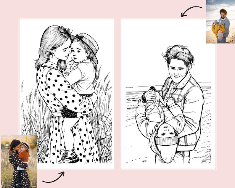 Puede incluir: Ilustraci&oacute;n en blanco y negro de l&iacute;nea de una madre y un ni&ntilde;o abraz&aacute;ndose. La madre lleva un vestido de lunares y el ni&ntilde;o lleva un sombrero. La ilustraci&oacute;n est&aacute; sobre un fondo de hierba alta.