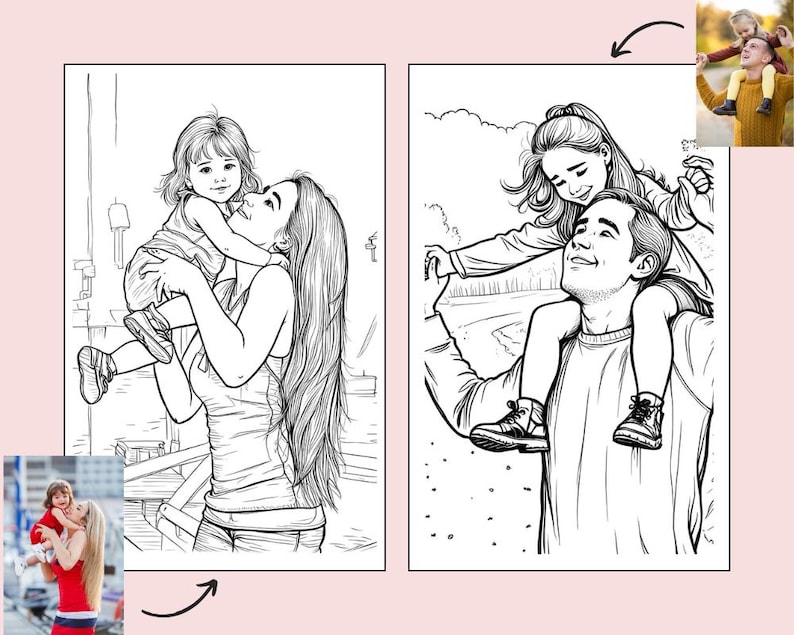Puede incluir: Dos dibujos en blanco y negro de padres que sostienen a sus hijos sobre sus hombros. El primer dibujo muestra a una mujer sosteniendo a una ni&ntilde;a sobre sus hombros. El segundo dibujo muestra a un hombre sosteniendo a una ni&ntilde;a sobre sus hombros.