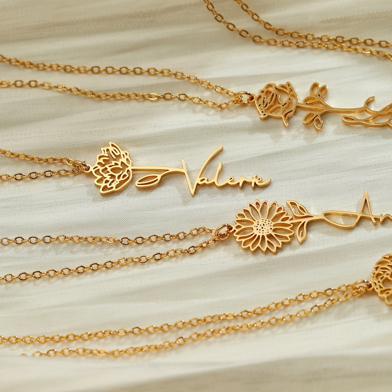 Personalized Birth Flower Name Necklace Custom Name Necklace Etsy