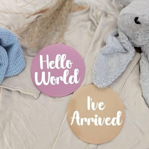Dischi per pietre miliari del bambino / Targa Hello World / Cartelli per pietre miliari in acrilico / Annuncio di nascita / Regalo per baby shower / Regalo per neonati