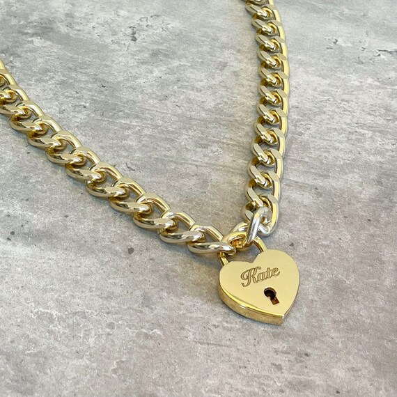 Engraved Gold Lock Necklace, Custom Locking Day Collar, Heart-Shaped Lock and Key Necklace, Couples Jewelry