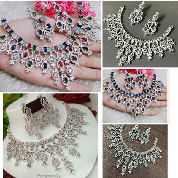 cubic Zirconia AD Necklace Set Bridal Wedding Indian Necklace Bollywood Jewelry CZ Jewelry American Diamond jewellery Choker Blue, Pink Set
