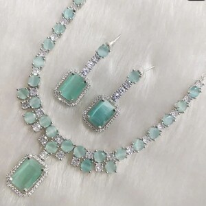 cubic Zirconia Mint Necklace Set Bridal Wedding Indian Necklace Bollywood Jewelry CZ Jewelry American Diamond jewelry Set, AD Necklace