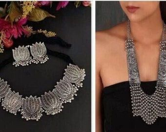 Indiase zilveren geoxideerde ketting/Indiase vrouwen sieraden/Boho sieraden/ketting/cadeau/traditioneel/lange ketting/Bollywood set