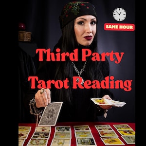May include: A person with long dark hair wearing a black headscarf with floral patterns, a black top, and silver jewelry, holding tarot cards over a red surface covered in a tarot card spread. The text reads Third Party Tarot Reading and SAME HOUR.