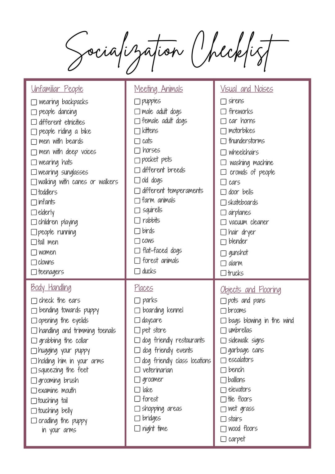 New Puppy Socialization Printable Checklist, Dog Socialization, Puppy Training Checklist, Pet ...