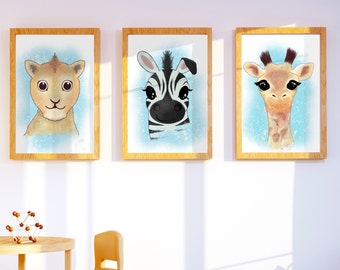 Safari Nursery Print. Kids Bedroom Art Prints. Boys Prints. Girls Prints. Playroom Prints. Cute Giraffe Art, Cute Lion Art, Cute Zebra Art.